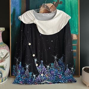 Elegant Black and White Blouse with Starry Night Design Xl